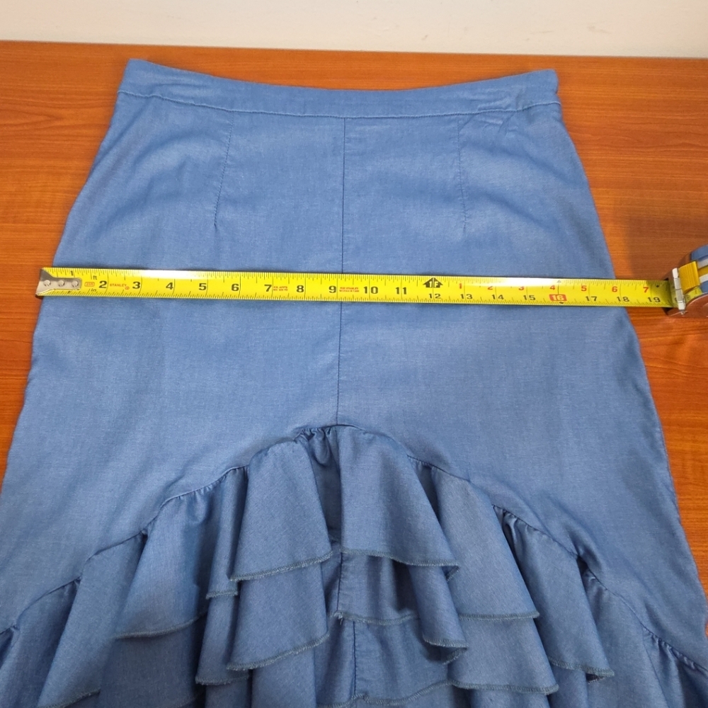 NYLON APPAREL CHAMBRAY FLAMENCO COCKTAIL HI LOW TIERED RUFFLE MIDI SKIRT sz L - Picture 7 of 11